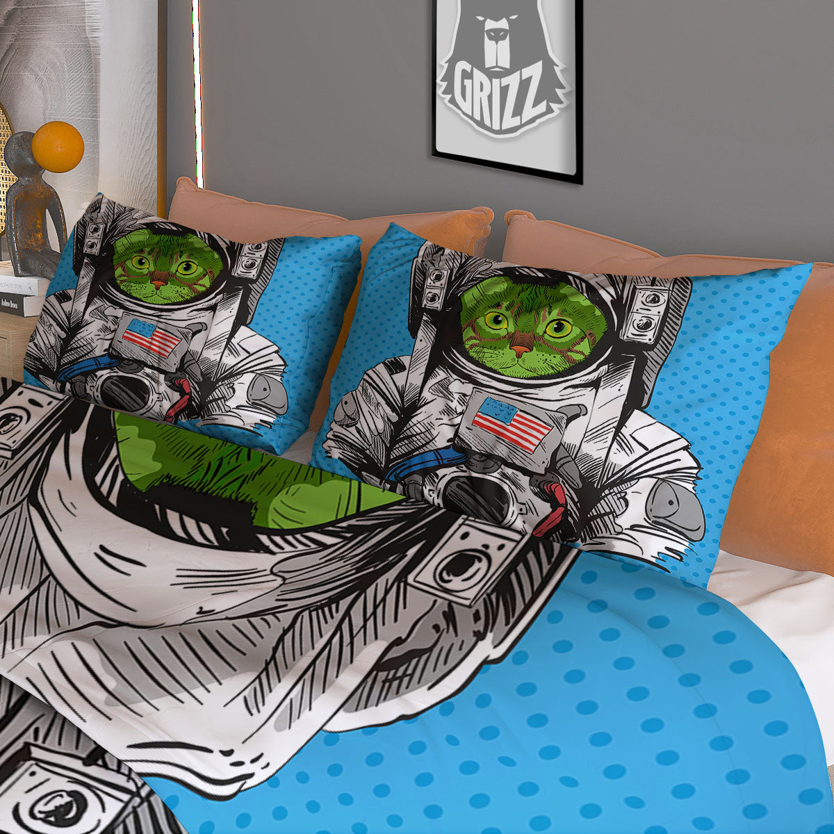 Alien Cat Astronaut Print Duvet Cover Bedding Set