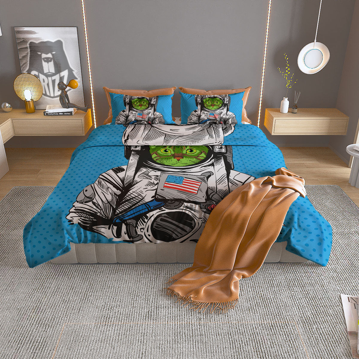 Alien Cat Astronaut Print Duvet Cover Bedding Set