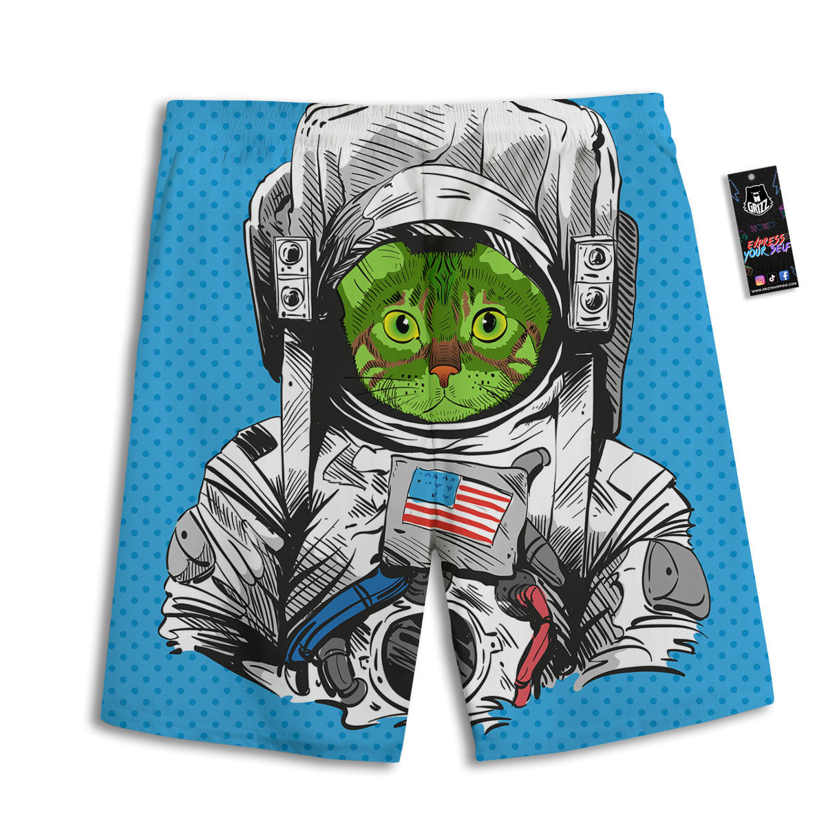 Alien Cat Astronaut Print Men's Athletic Shorts