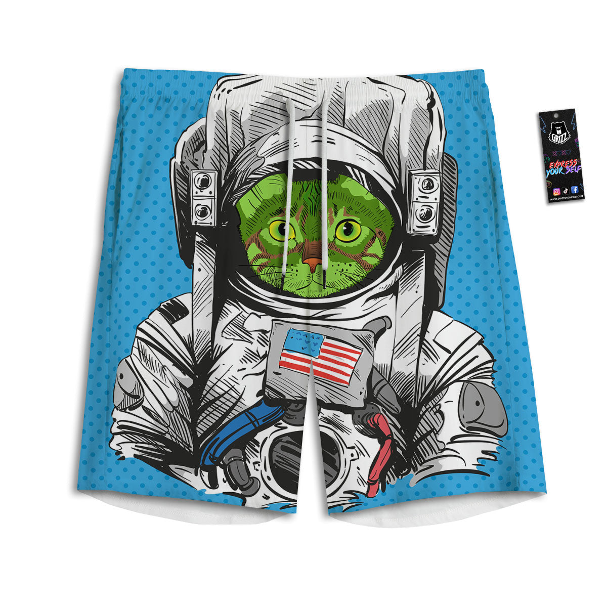 Alien Cat Astronaut Print Men's Athletic Shorts