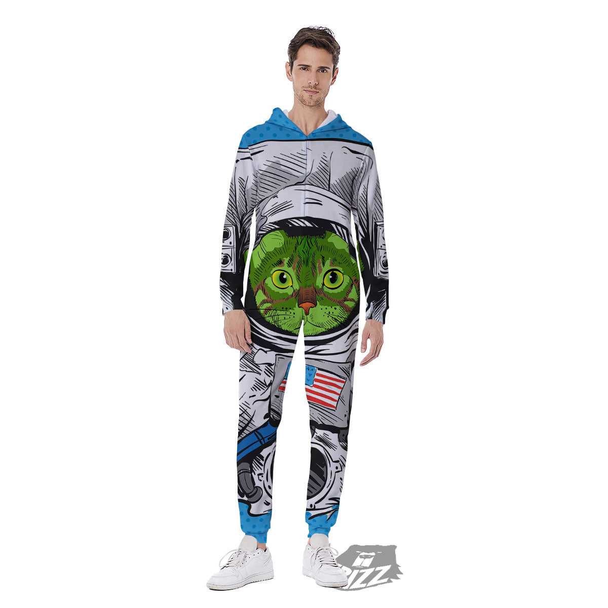 Alien Cat Astronaut Print Men's Jumpsuit-grizzshop