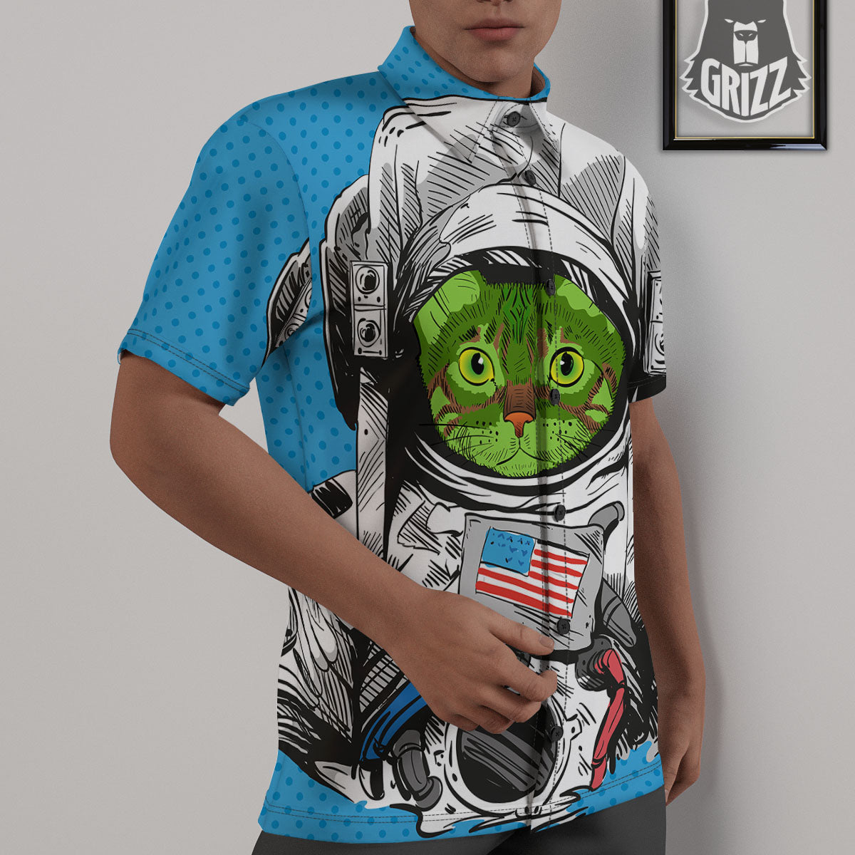 Alien Cat Astronaut Print Untucked Shirts-grizzshop