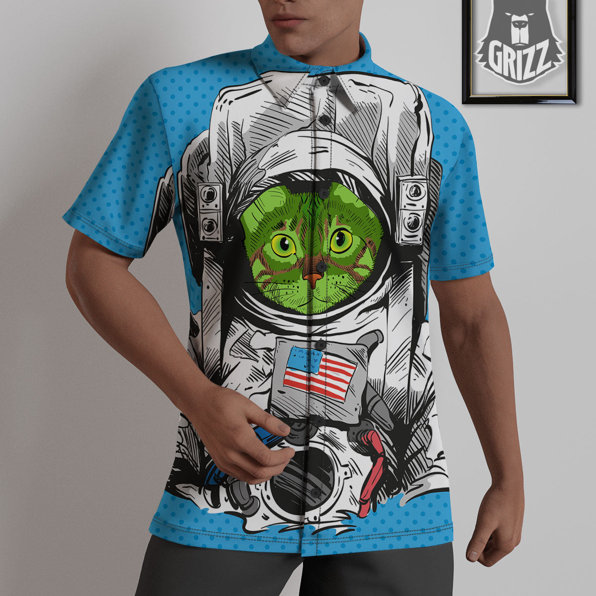 Alien Cat Astronaut Print Untucked Shirts-grizzshop