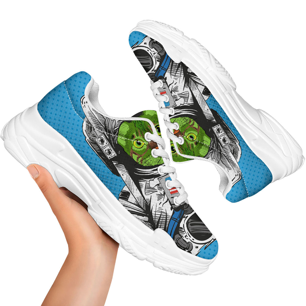 Alien Cat Astronaut Print White Chunky Shoes-grizzshop