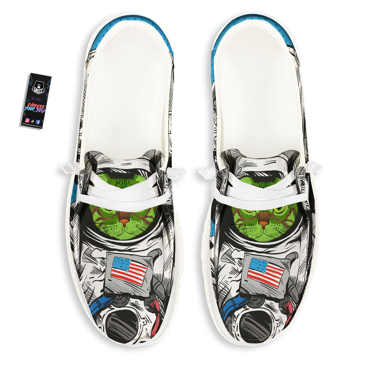 Alien Cat Astronaut Print White Loafers-grizzshop