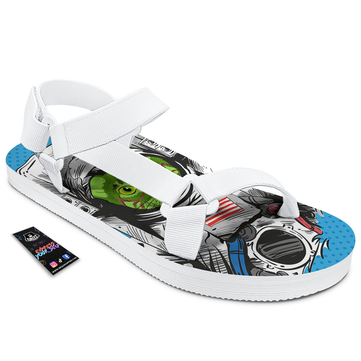 Alien Cat Astronaut Print White Open Toe Sandals-grizzshop