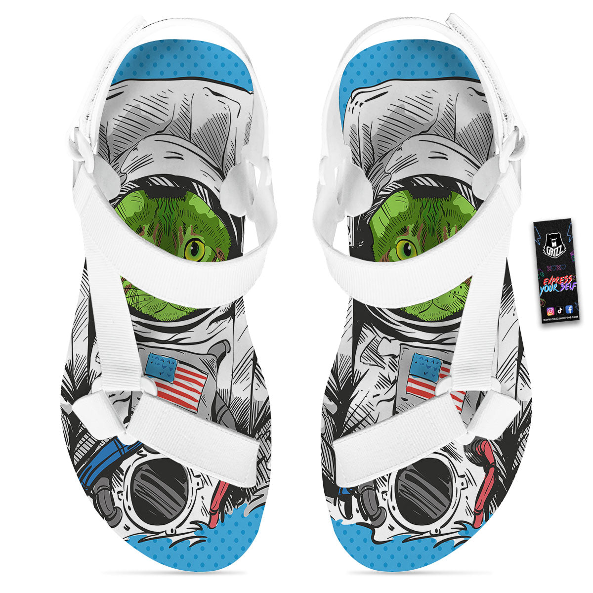 Alien Cat Astronaut Print White Open Toe Sandals-grizzshop