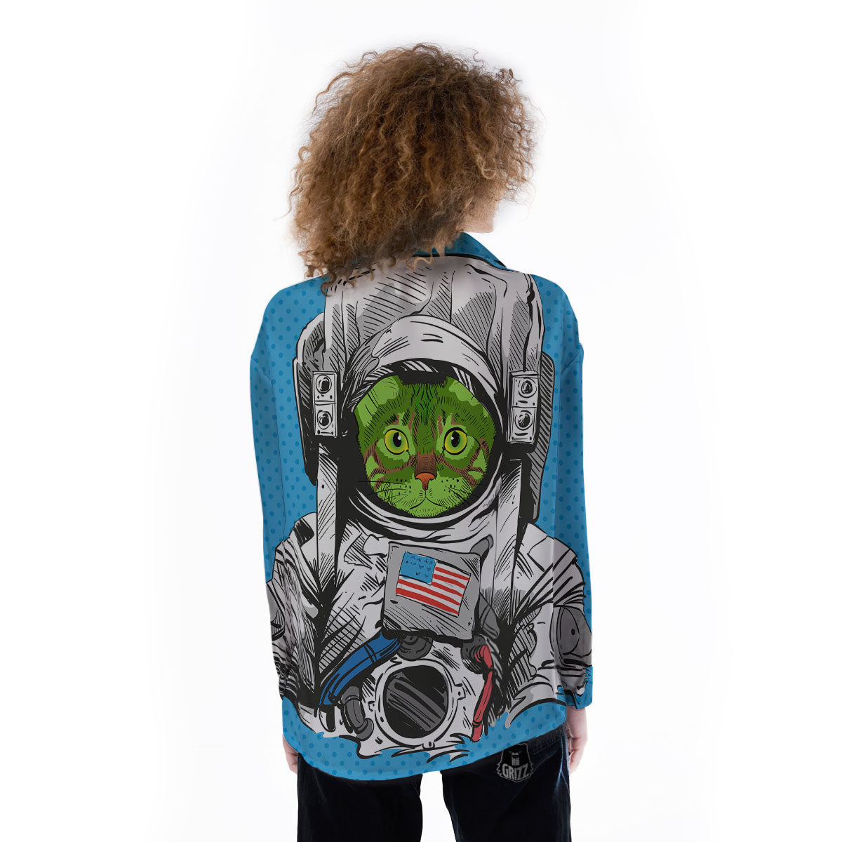 Alien Cat Astronaut Print Women's Long Sleeve Shirts-grizzshop