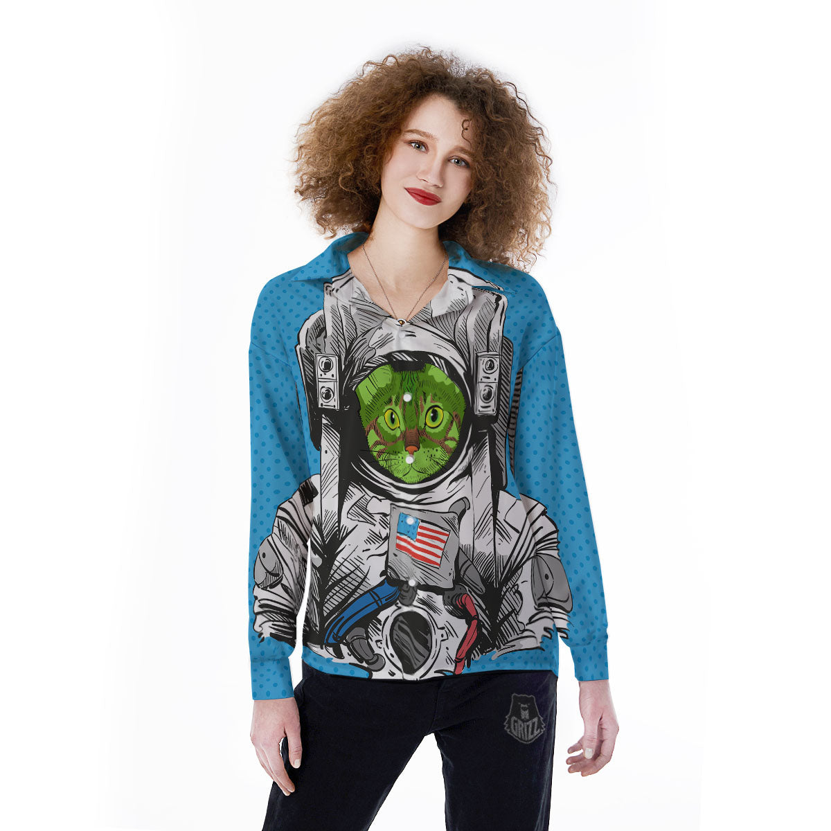 Alien Cat Astronaut Print Women's Long Sleeve Shirts-grizzshop