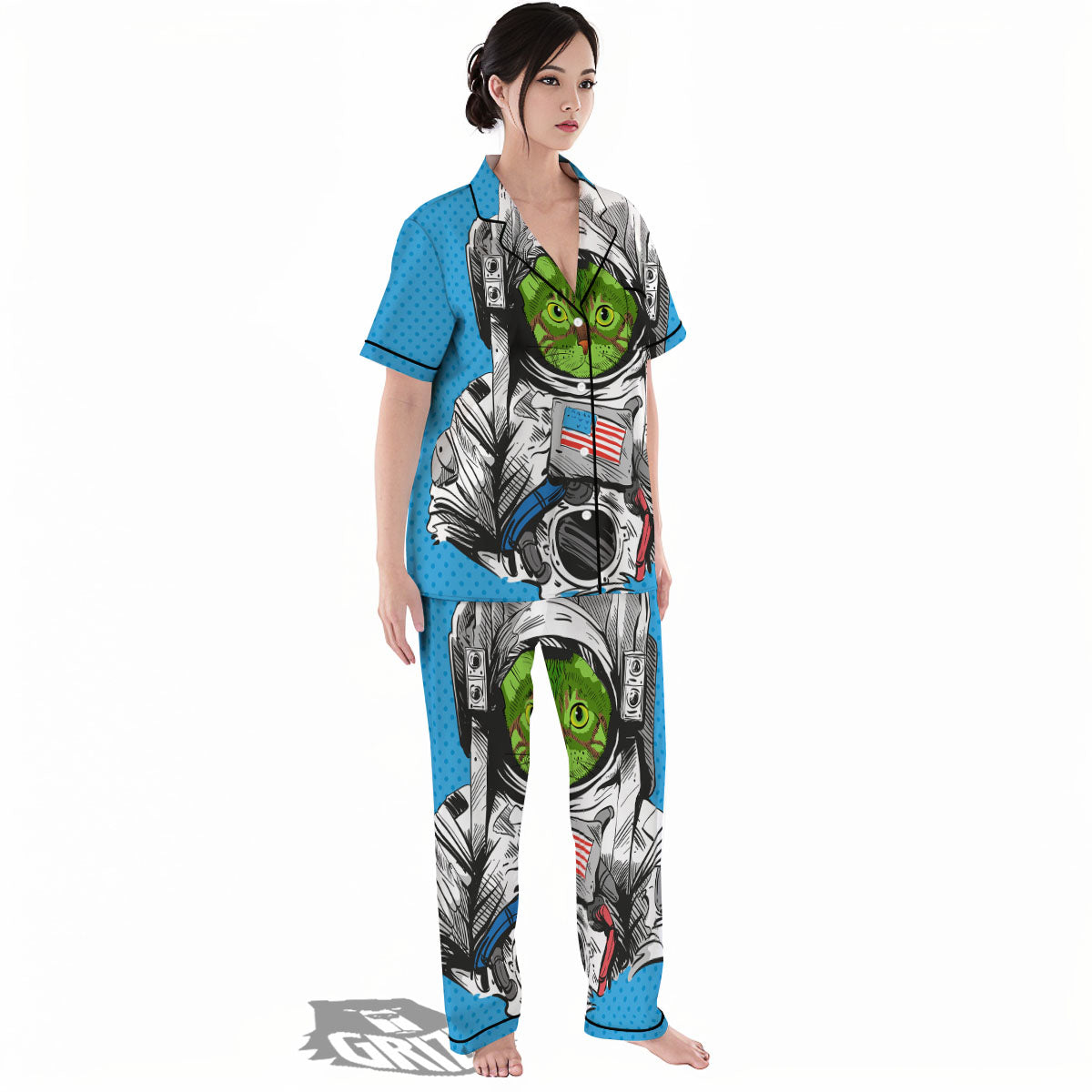 Alien Cat Astronaut Print Women's Pajamas Set-grizzshop