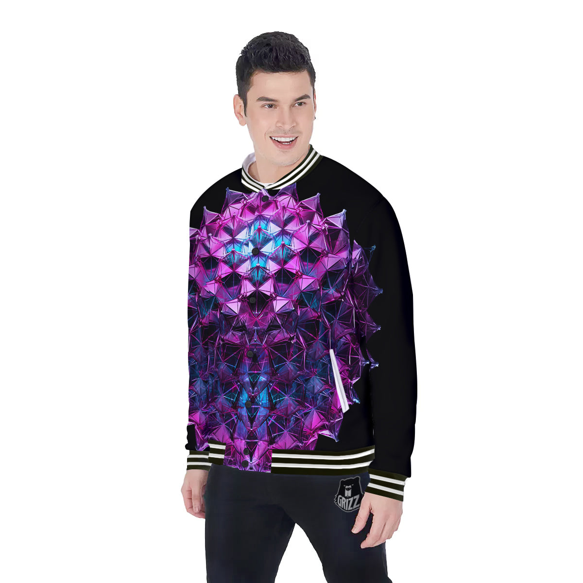 Alien Crystal Diamond Flower Print Baseball Jacket-grizzshop