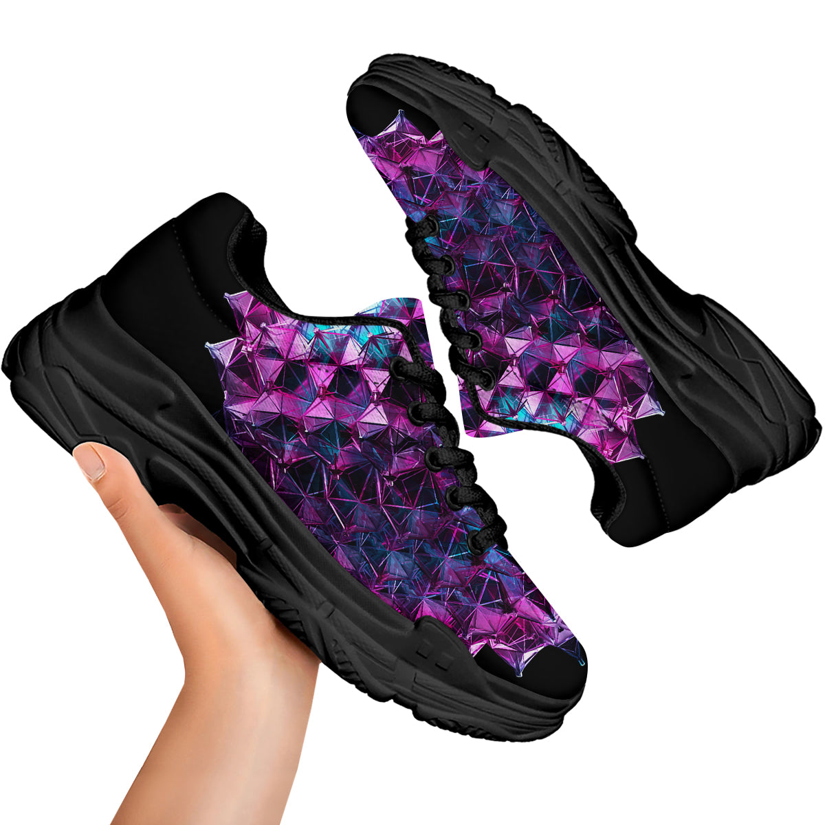 Alien Crystal Diamond Flower Print Black Chunky Shoes-grizzshop