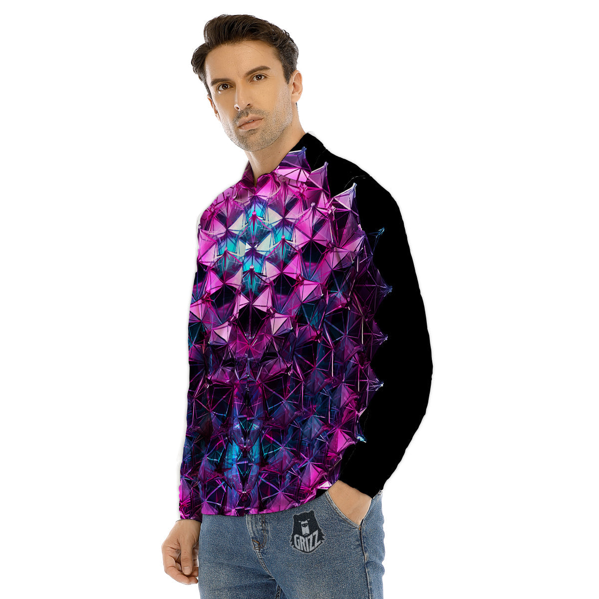 Alien Crystal Diamond Flower Print Men's Dress Shirts-grizzshop