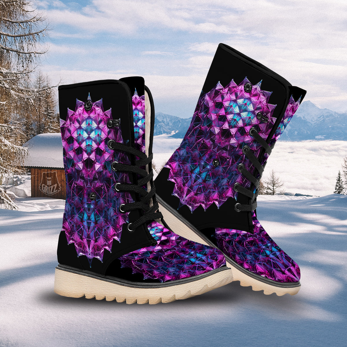 Alien Crystal Diamond Flower Print Snow Boots-grizzshop