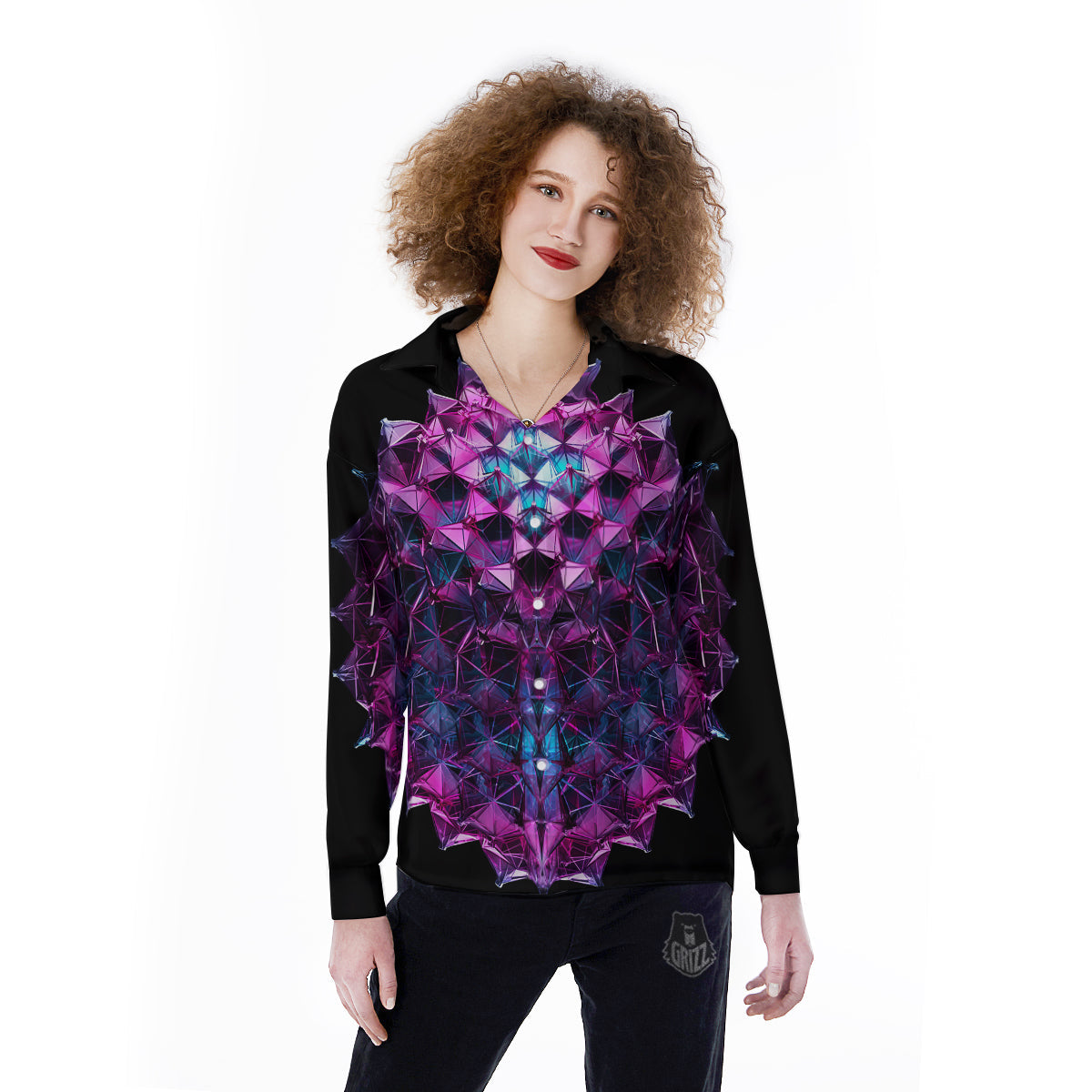 Alien Crystal Diamond Flower Print Women's Long Sleeve Shirts-grizzshop