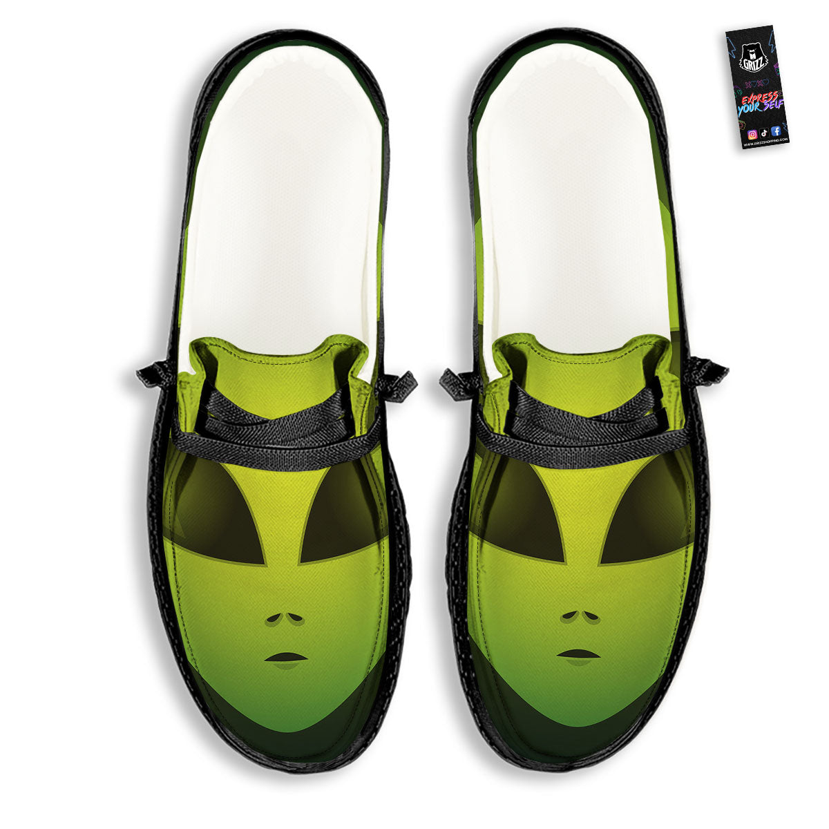 Alien Face Green Print Black Loafers-grizzshop