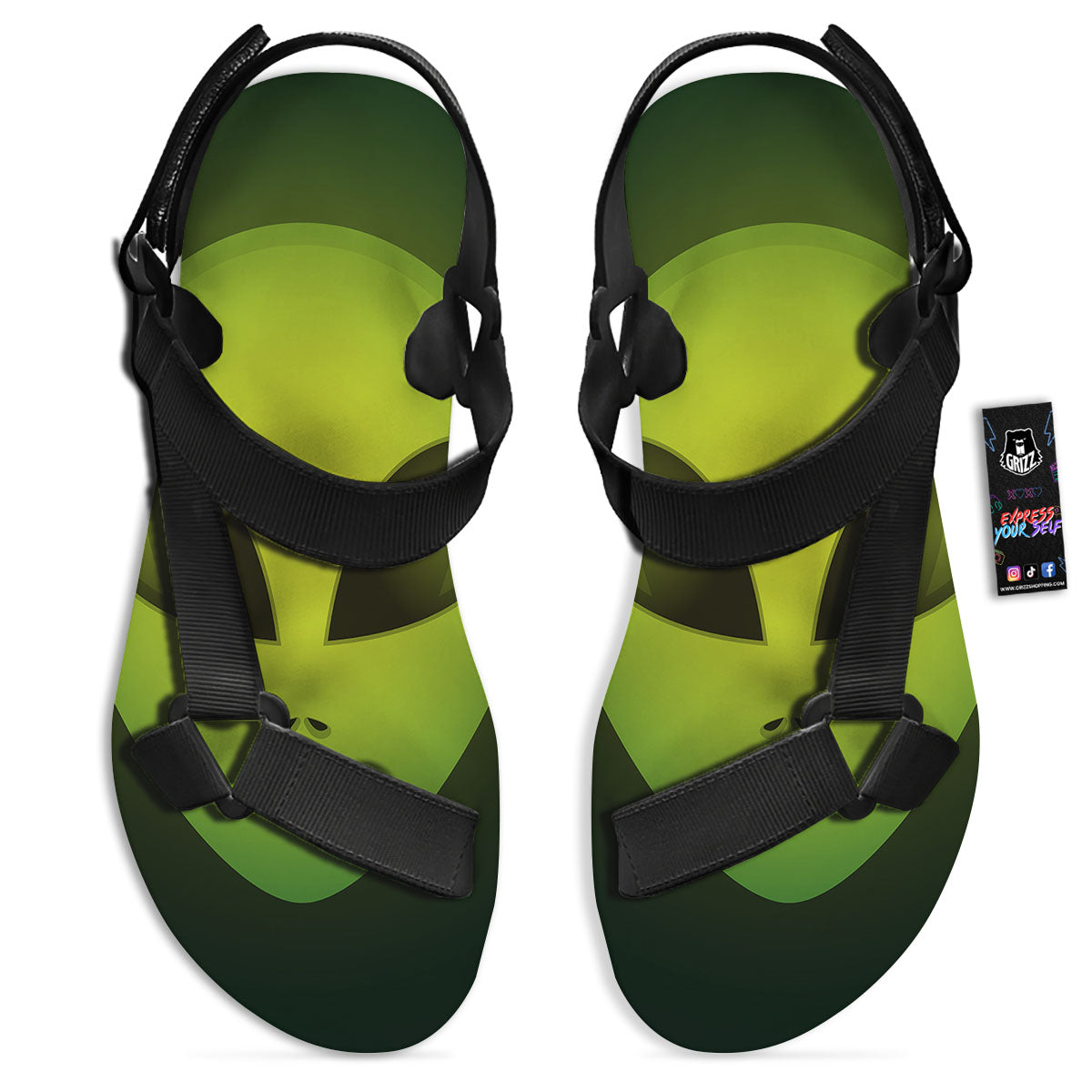 Alien Face Green Print Black Open Toe Sandals-grizzshop