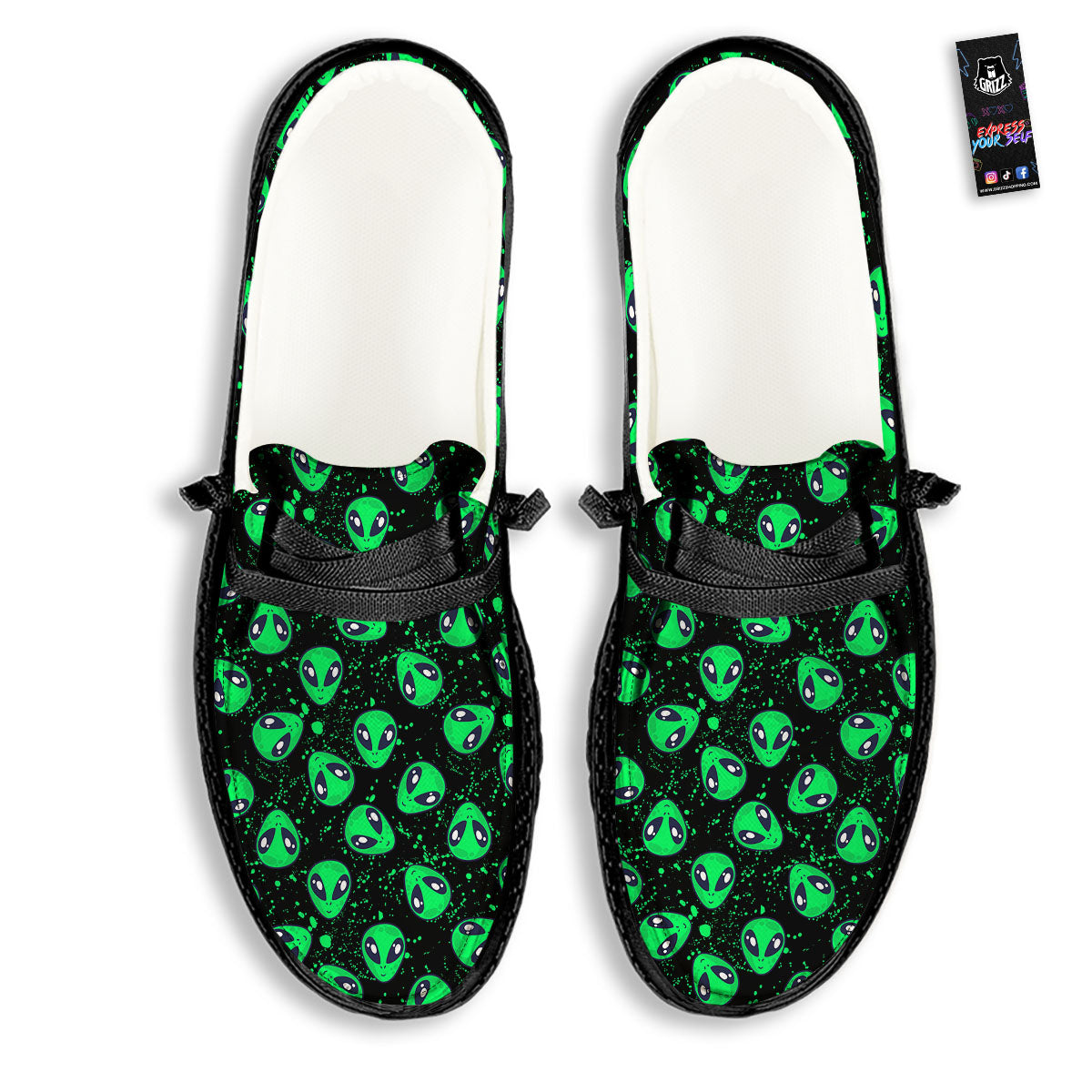 Alien Face Green Print Pattern Black Loafers-grizzshop