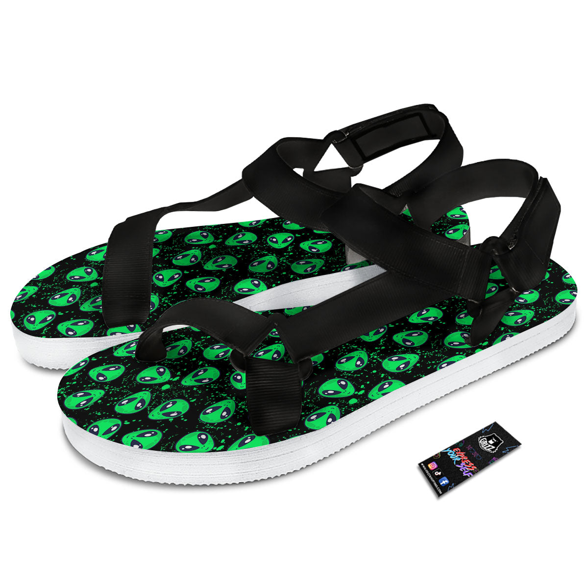 Alien Face Green Print Pattern Black Open Toe Sandals-grizzshop