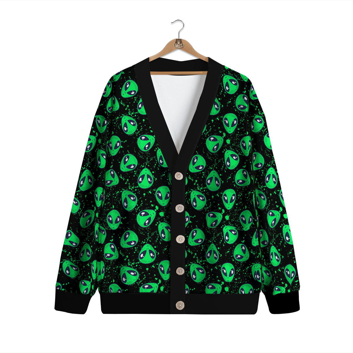 Alien Face Green Print Pattern Cardigan-grizzshop