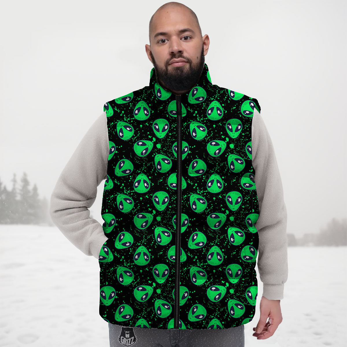 Alien Face Green Print Pattern Down Vest