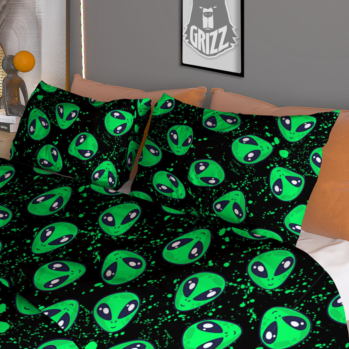 Alien Face Green Print Pattern Duvet Cover Bedding Set