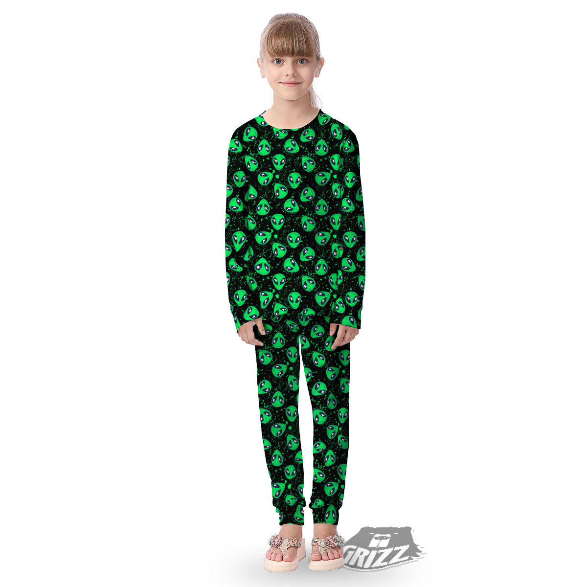 Alien Face Green Print Pattern Kid's Pajamas-grizzshop