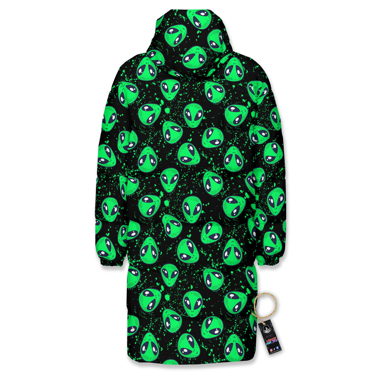 Alien Face Green Print Pattern Long Down Jacket-grizzshop