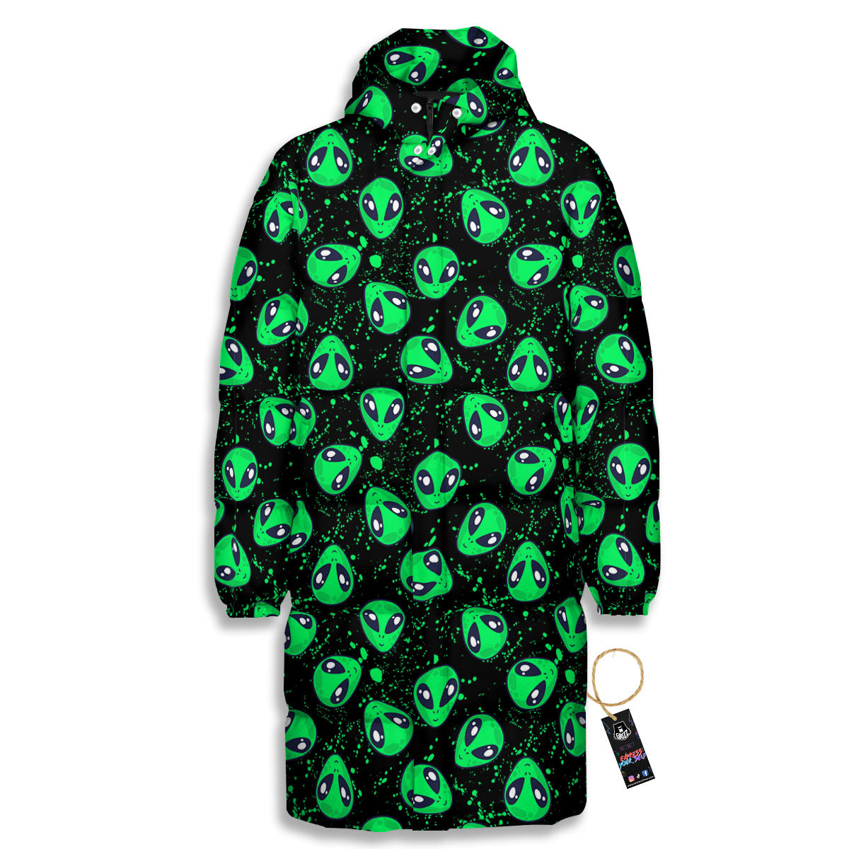 Alien Face Green Print Pattern Long Down Jacket-grizzshop