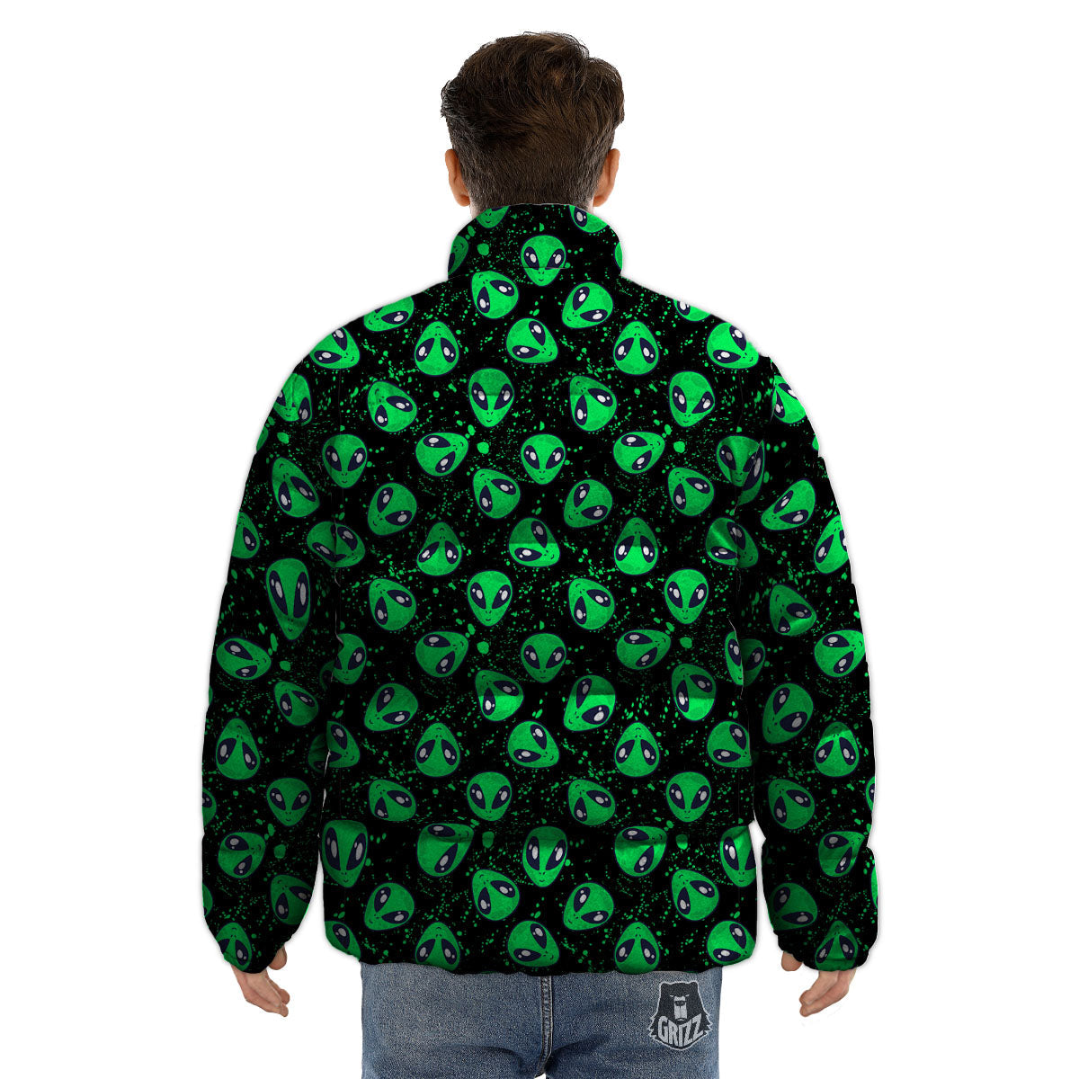 Alien Face Green Print Pattern Puffer Jacket-grizzshop