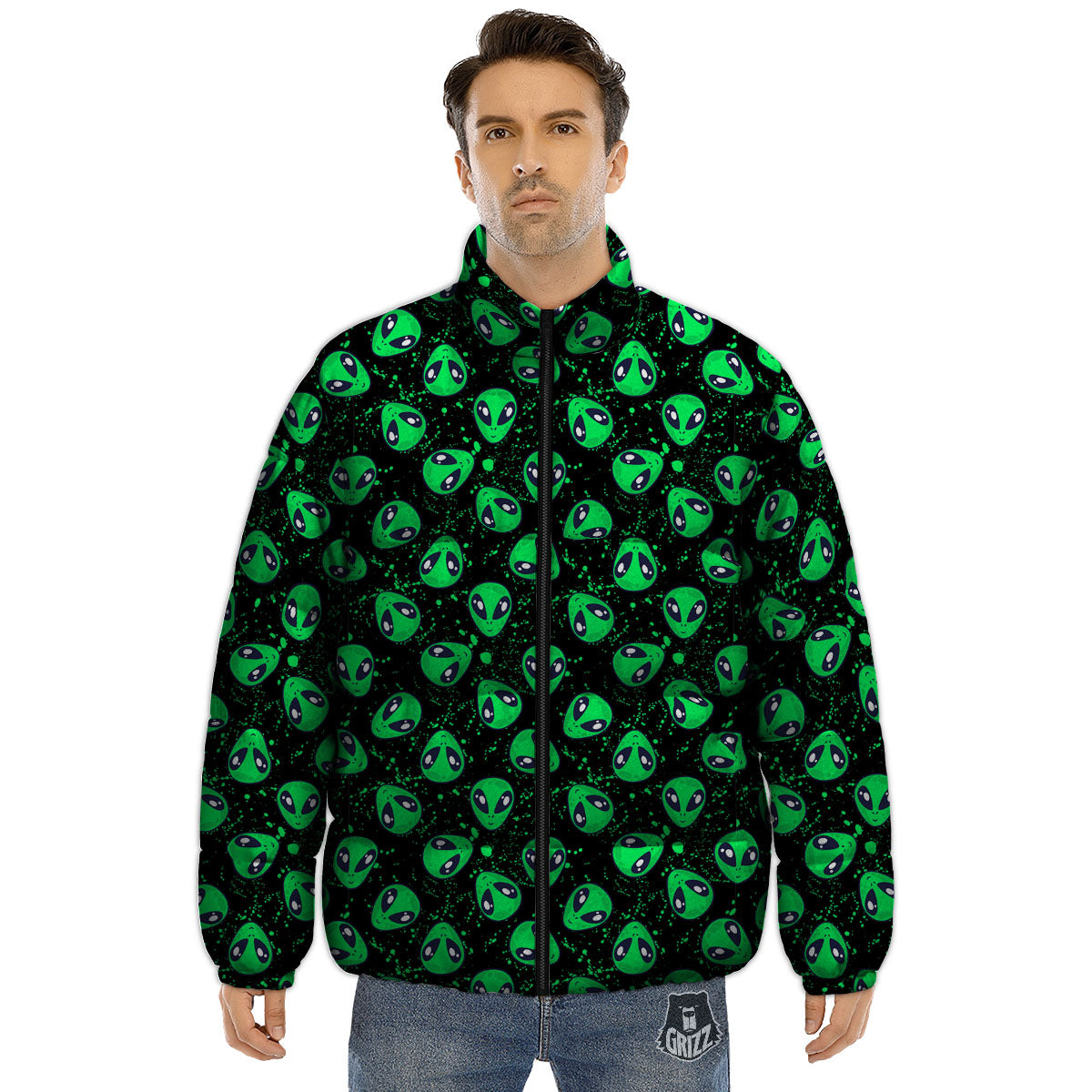 Alien Face Green Print Pattern Puffer Jacket-grizzshop