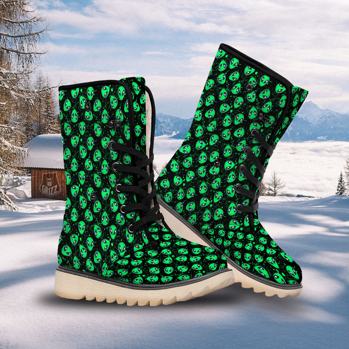 Alien Face Green Print Pattern Snow Boots-grizzshop