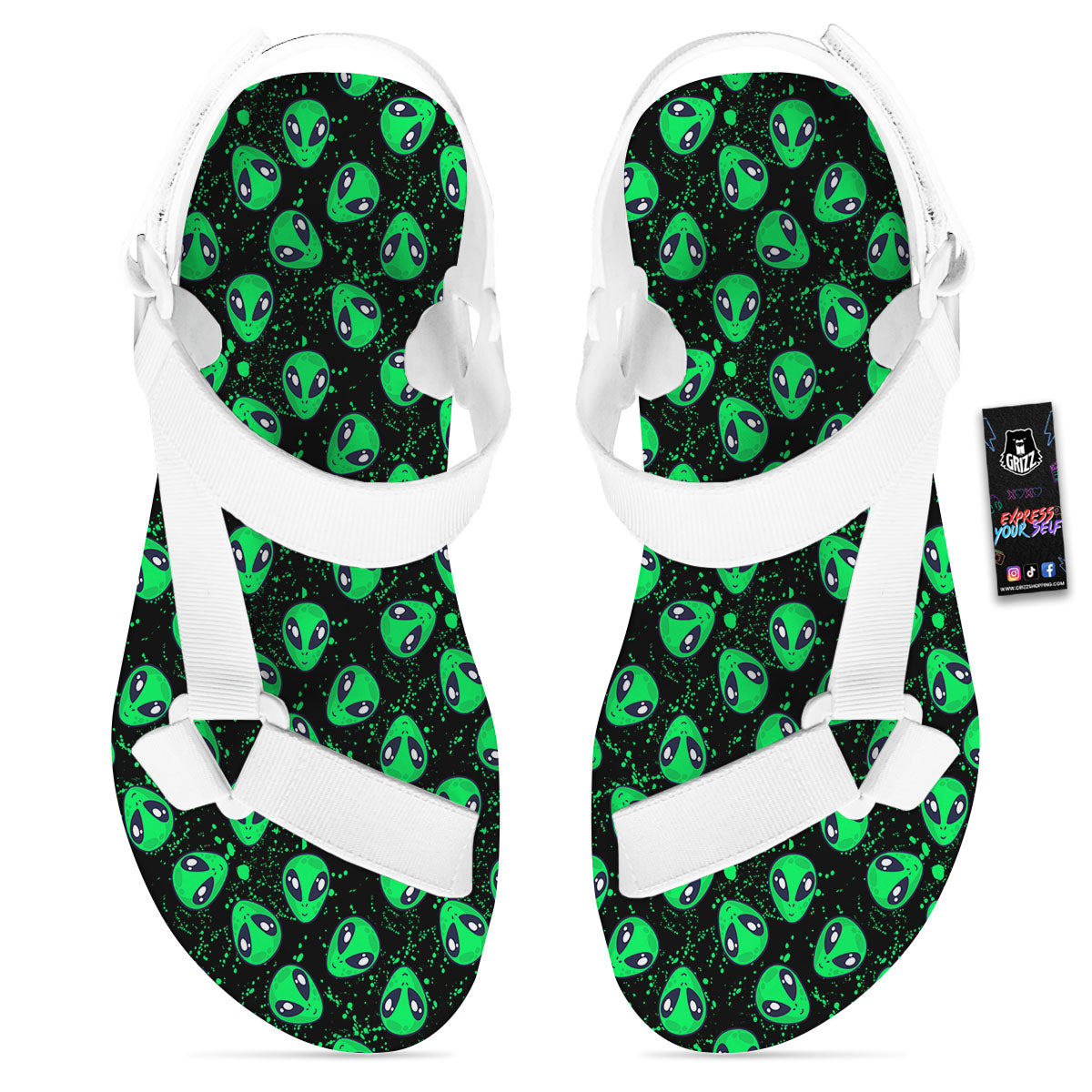 Alien Face Green Print Pattern White Open Toe Sandals-grizzshop