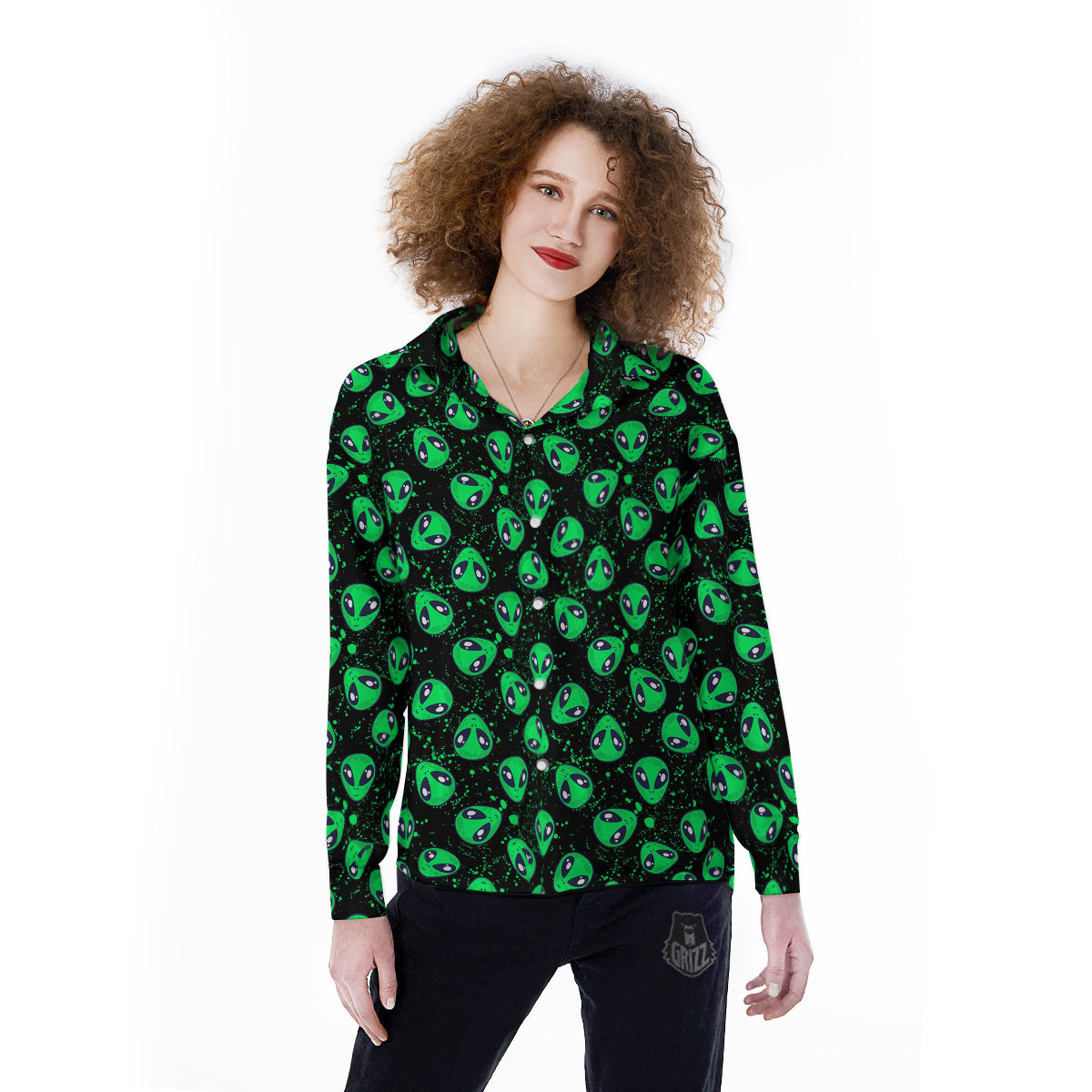 Alien Face Green Print Pattern Women's Long Sleeve Shirts-grizzshop