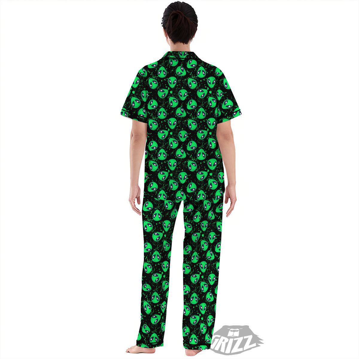 Alien Face Green Print Pattern Women's Pajamas Set-grizzshop