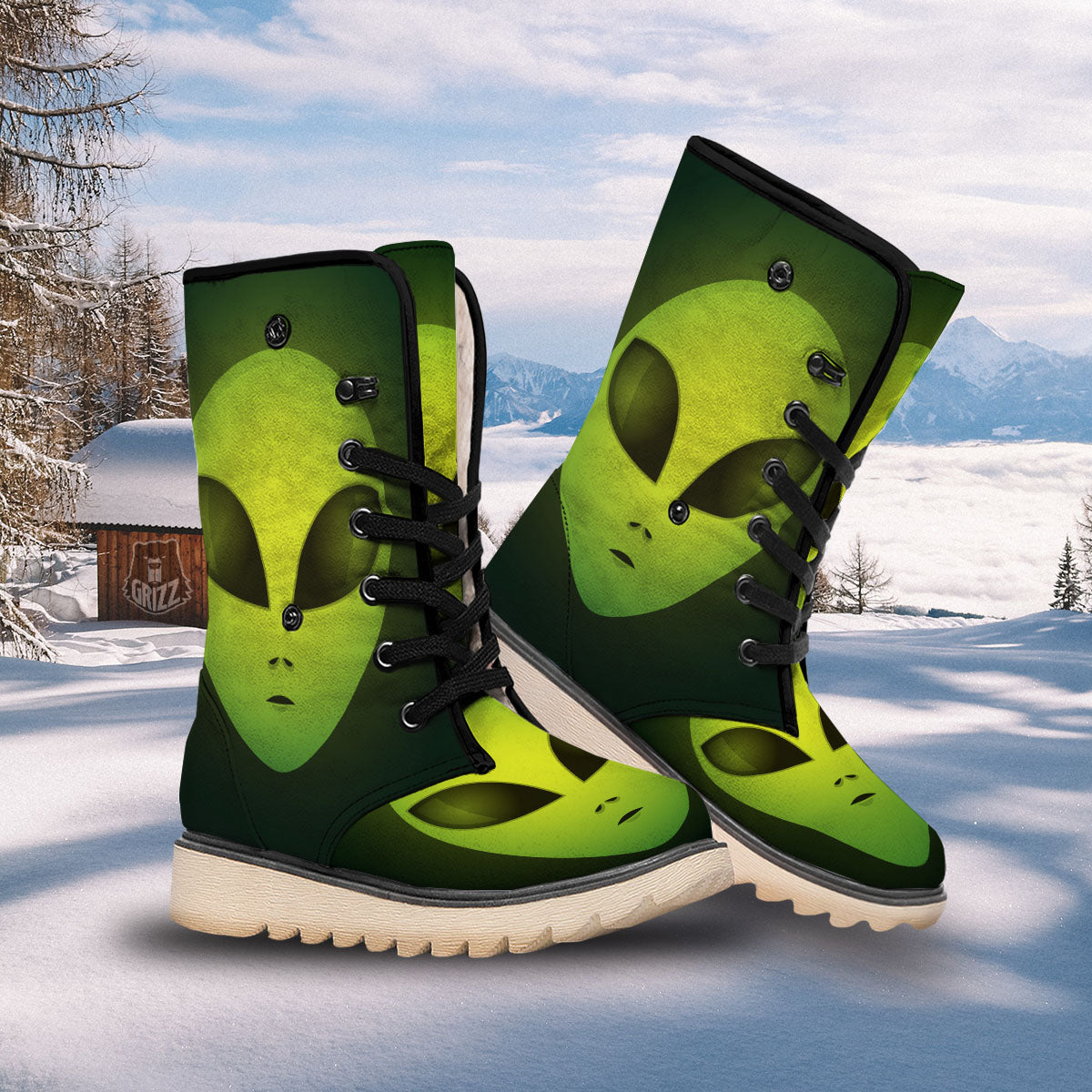 Alien Face Green Print Snow Boots-grizzshop