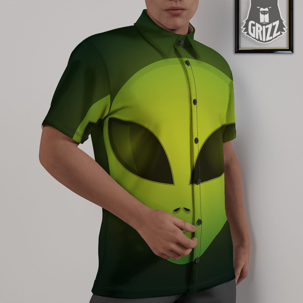 Alien Face Green Print Untucked Shirts-grizzshop