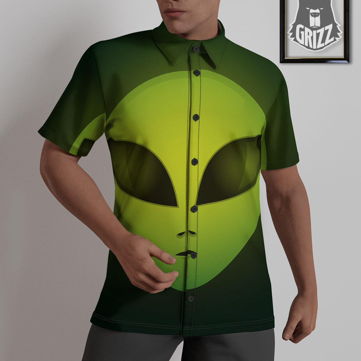 Alien Face Green Print Untucked Shirts-grizzshop