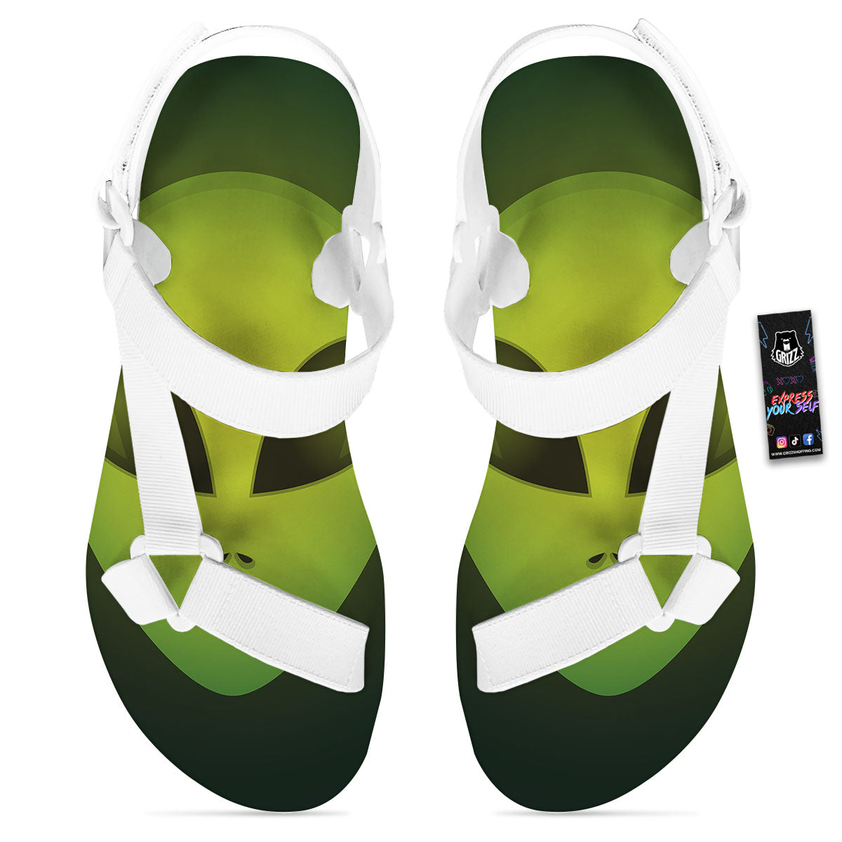 Alien Face Green Print White Open Toe Sandals-grizzshop