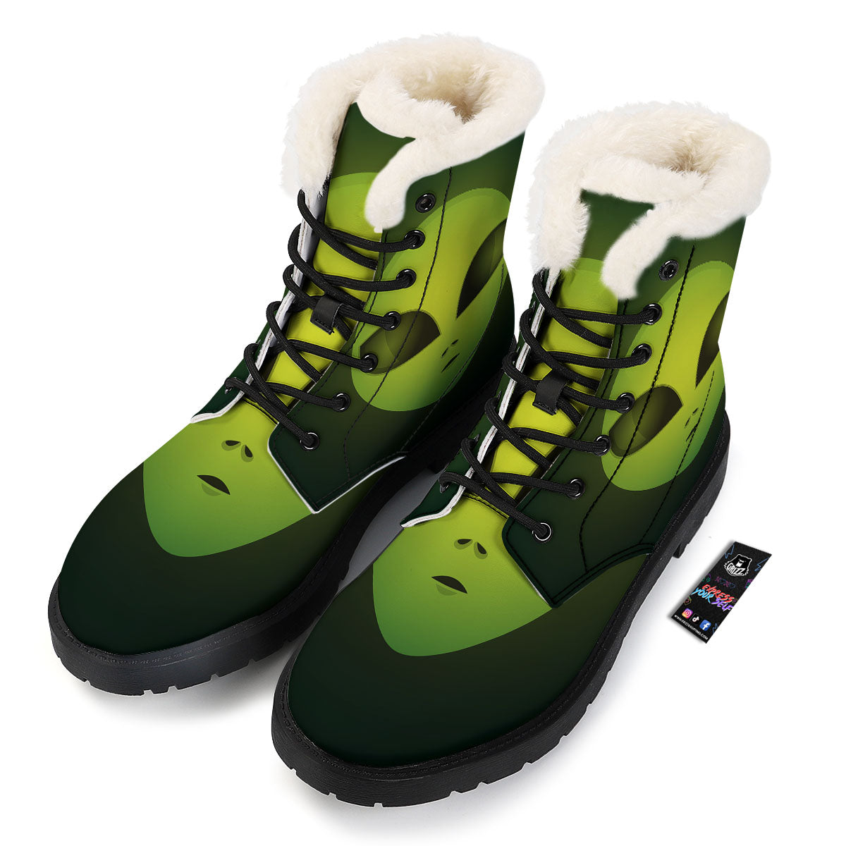 Alien Face Green Print Winter Boots-grizzshop