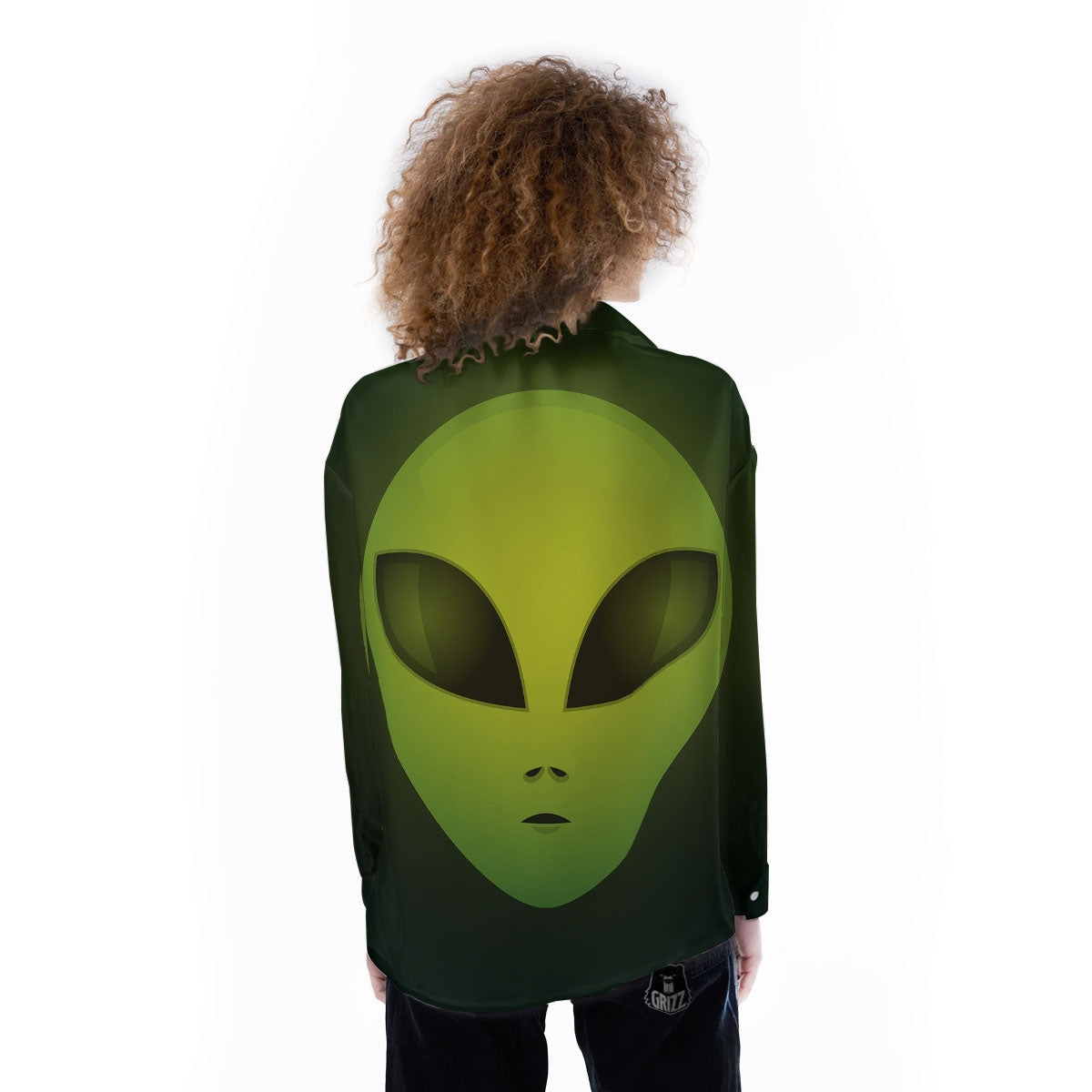 Alien Face Green Print Women's Long Sleeve Shirts-grizzshop