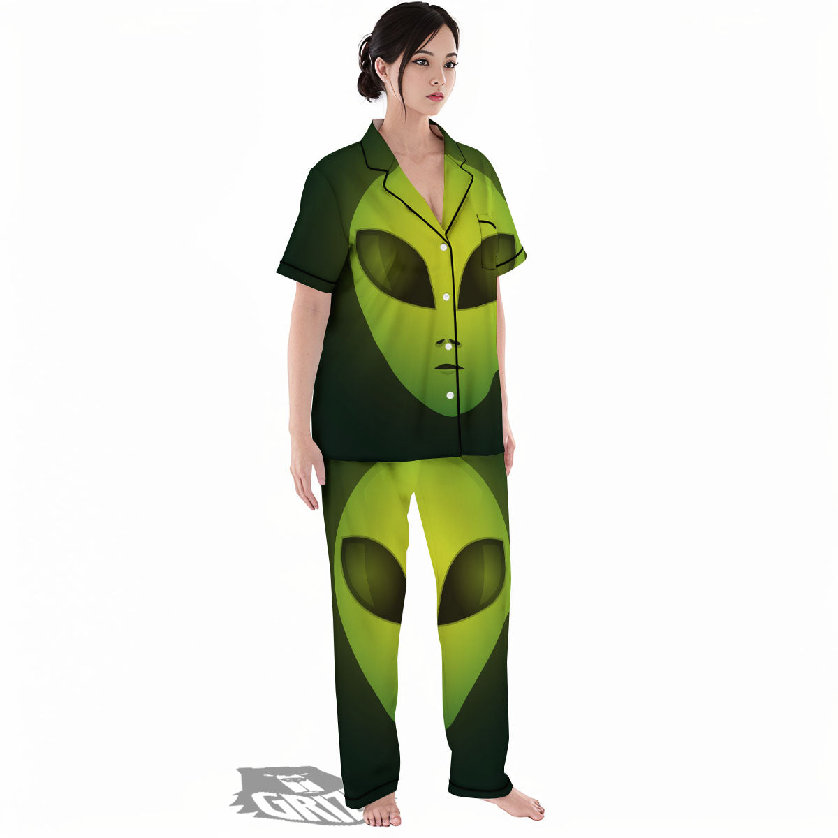 Alien Face Green Print Women's Pajamas Set-grizzshop