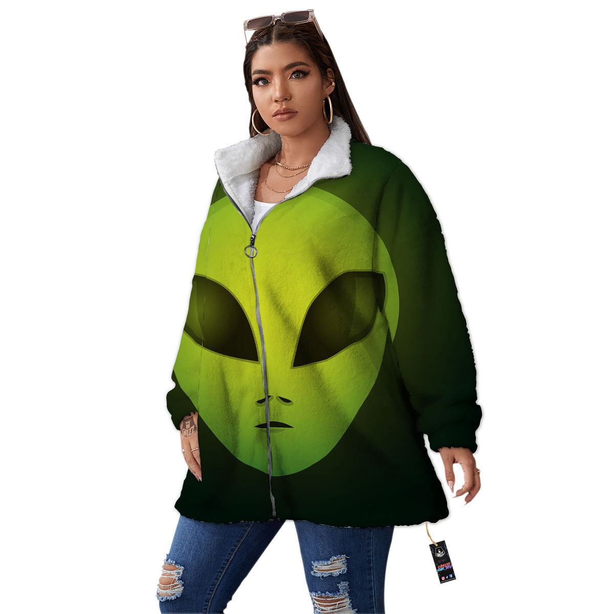 Alien Face Green Print Women's Sherpa Jacket-grizzshop