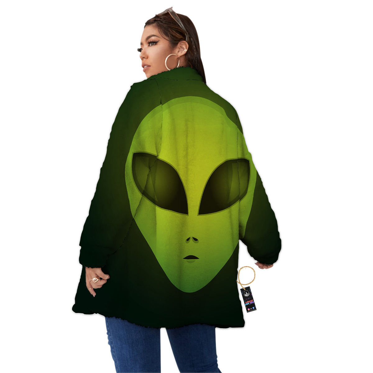 Alien Face Green Print Women's Sherpa Jacket-grizzshop