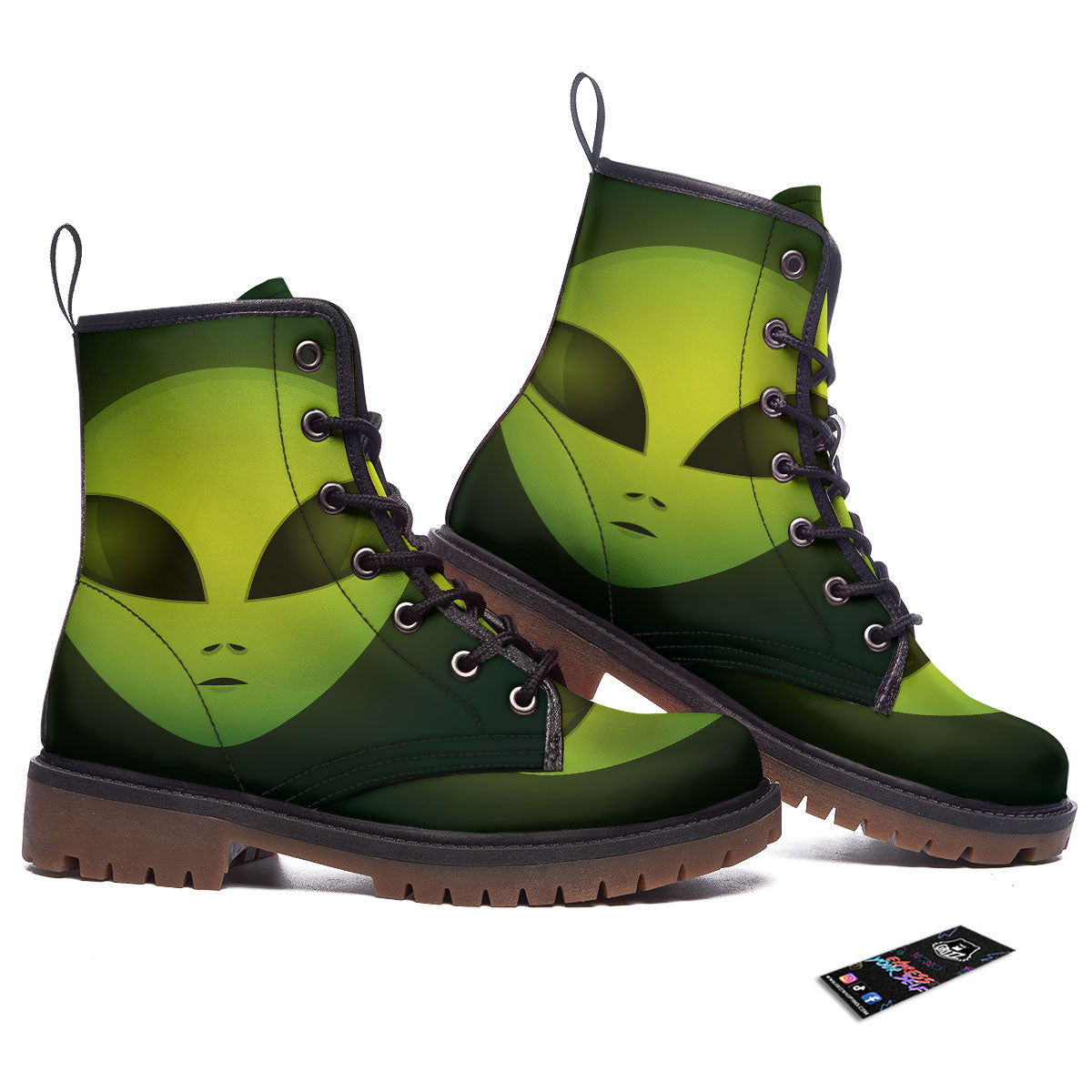 Alien Face Green Print Work Boots-grizzshop