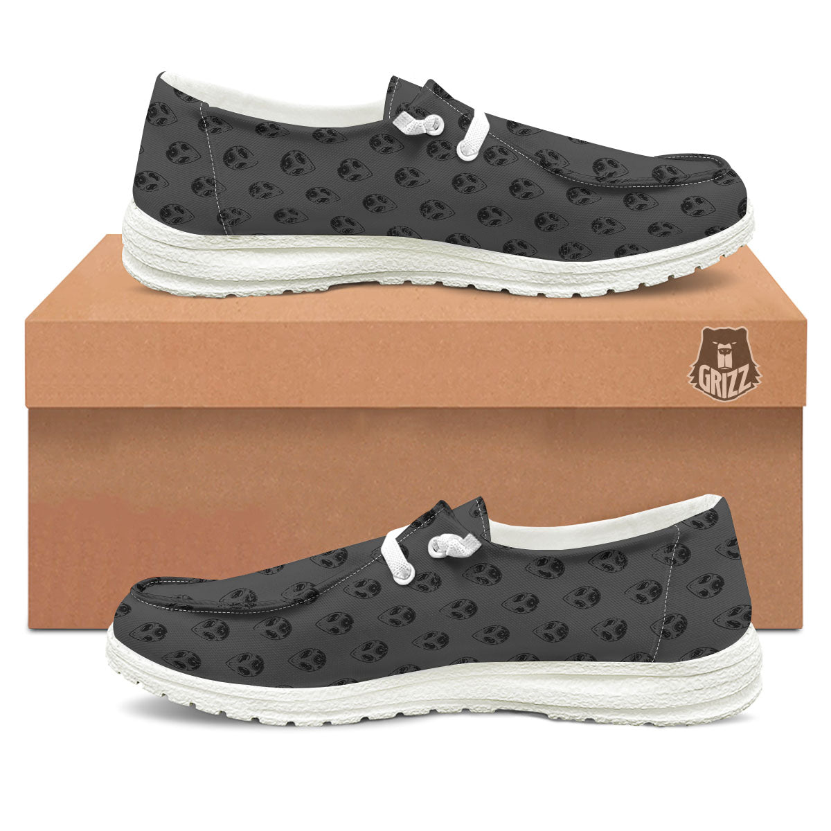 Alien Face Grey Print Pattern White Loafers-grizzshop