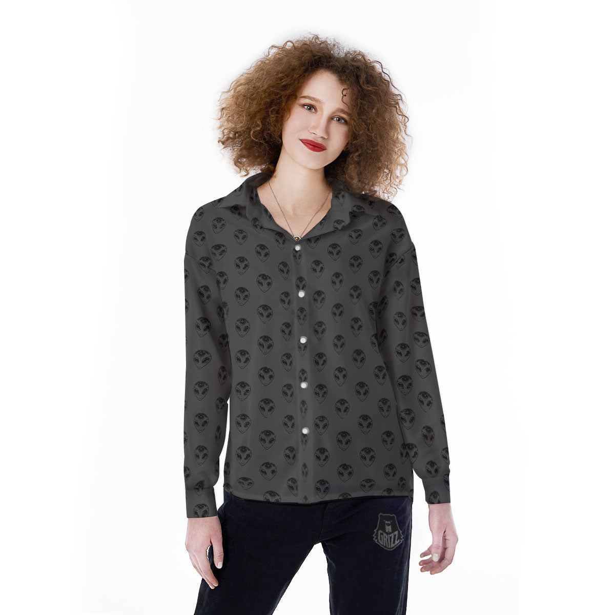 Alien Face Grey Print Pattern Women's Long Sleeve Shirts-grizzshop