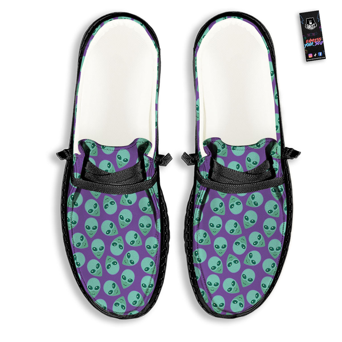 Alien Face Purple Print Pattern Black Loafers-grizzshop
