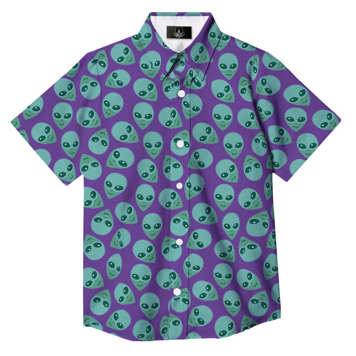 Alien Face Purple Print Pattern Button Up Shirt-grizzshop