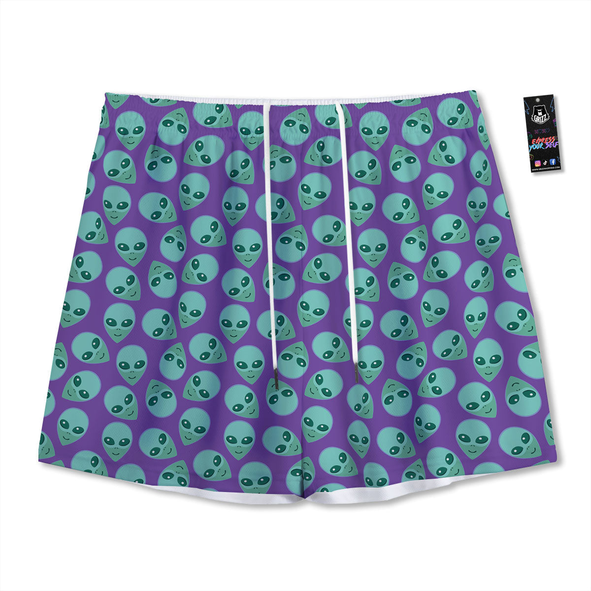 Alien Face Purple Print Pattern Mesh Shorts